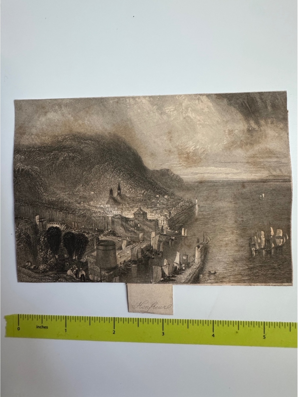 Antique Sepia Tone Etching of Honfleur Harbor with Sailing Ships